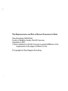 The Representation and Role of Demon Possession in Mark