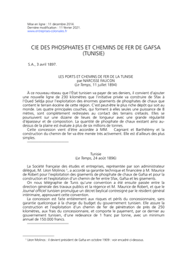 Cie Des Phosphates Et Chemins De Fer De Gafsa (Tunisie)