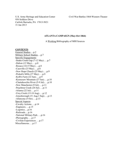 U.S. Army Heritage and Education Center Civil War-Battles-1864-Western Theater 950 Soldiers Drive Carlisle Barracks, PA 17013-5021 31 Jan 2013