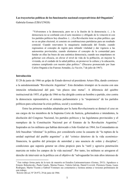 Las Trayectorias Políticas De Los Funcionarios Nacional-Corporativistas Del Onganiato* Gabriela Gomes (UBA/UNGS)