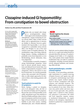 Clozapine-Induced GI Hypomotility: from Constipation to Bowel Obstruction