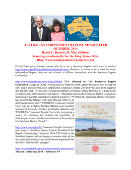 AUSTRALIAN INDEPENDENT BAPTIST NEWSLETTER OCTOBER, 2014 David C