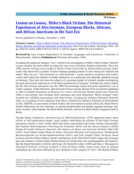 'Hitler's Black Victims: the Historical Experiences of Afro-Germans, European Blacks, Africans, and African Americans in the Nazi Era'