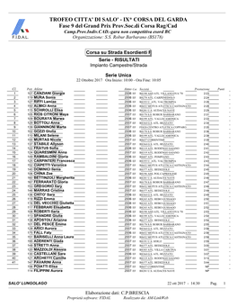 TROFEO CITTA' DI SALO' - IX* CORSA DEL GARDA Fase 9 Del Grand Prix Prov.Soc.Di Corsa Rag/Cad Camp.Prov.Indiv.CAD.-Gara Non Competitiva Esord BC F.I.D.A.L