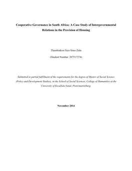 Cooperative Governance in South Africa: a Case Study of Intergovernmental Relations in the Provision of Housing