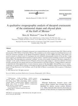 A Qualitative Zoogeographic Analysis of Decapod Crustaceans of the Continental Slopes and Abyssal Plain of the Gulf of Mexico$