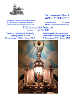 Sts. Vartanantz Church WEEKLY BULLETIN Fifth Sunday After