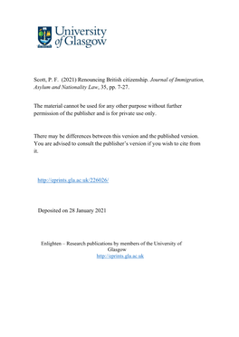 Renouncing British Citizenship. Journal of Immigration, Asylum and Nationality Law, 35, Pp. 7-27. the Mater