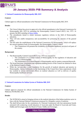 29 January 2020: PIB Summary & Analysis