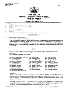 FEDERAL REPUBLIC of NIGERIA ORDER PAPER Thursday, 8Th March 2012