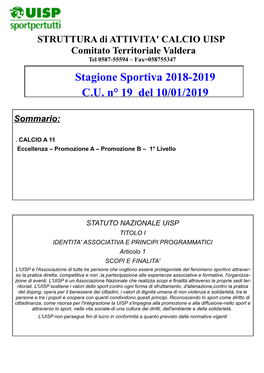 Stagione Sportiva 2018-2019 C.U. N° 19 Del 10/01/2019