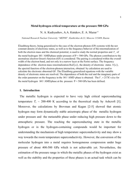 Metal Hydrogen Critical Temperature at the Pressure 500 Gpa N. А