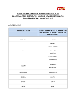 Declaration and Compliance As Per Regulation 4(4) of the Telecommunication (Broadcasting and Cable) Services Interconnection (Addressable Systems) Regulations, 2017