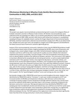 Effectiveness Monitoring in Whychus Creek; Benthic Macroinvertebrate Communities in 2005, 2009, and 2011-2015