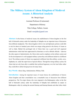 The Military System of Ahom Kingdom of Medieval Assam: a Historical Analysis