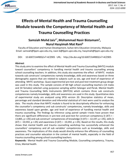 Effects of Mental Health and Trauma Counselling Module Towards the Competency of Mental Health and Trauma Counselling Practices