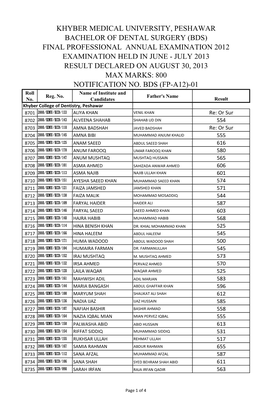 NOTIFICATION NO. BDS (FP-A12)-01 Roll Name of Institute and Reg