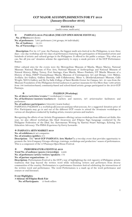 CCP MAJOR ACCOMPLISHMENTS for FY 2019 (January-December 2019)