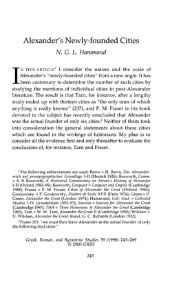 Alexander's Newly-Founded Cities Hammond, N G L Greek, Roman and Byzantine Studies; Autumn 1998; 39, 3; Proquest Pg