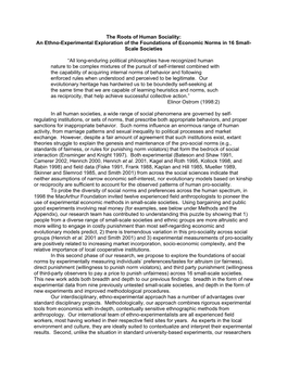 The Roots of Human Sociality: an Ethno-Experimental Exploration of the Foundations of Economic Norms in 16 Small- Scale Societies