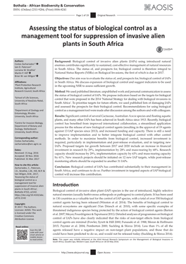Assessing the Status of Biological Control As a Management Tool for Suppression of Invasive Alien Plants in South Africa