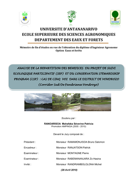 Universite D'antananarivo Ecole Superieure Des Sciences Agronomiques Departement Des Eaux Et Forets