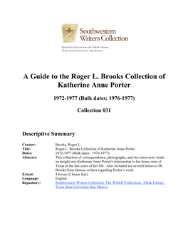 A Guide to the Roger L. Brooks Collection of Katherine Anne Porter