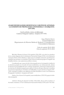 ANARCOSINDICALISMO, RESISTENCIA Y GRUPOS DE AFINIDAD. LA COMISIÓN DE PROPAGANDA CONFEDERAL Y ANARQUISTA (1937-1939) Anarcho-Syn