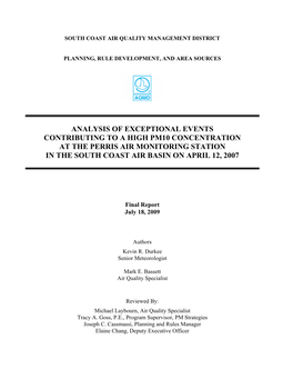 Analysis of Exceptional Events Contributing to a High Pm10 Concentration at the Perris Air Monitoring Station in the South Coast Air Basin on April 12, 2007