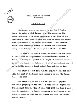 MUGHAL SUBA Or" the DJSCCAN (1636-56) Ahmadnagar Kingdom Was Annexed to Sthe Mughal L^Pire During the Reign of Shah Jahan