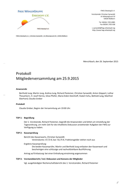 Protokoll Mitgliederversammlung Am 25.9.2015