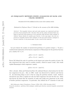 Arxiv:1908.08660V1 [Math.NT] 23 Aug 2019 Ffrhrpriincnrecs Npriua,Te Deﬁn Were They Cranks Particular, and in Ranks of Congruences