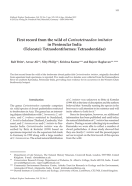 First Record from the Wild of Carinotetraodon Imitator in Peninsular India (Teleostei: Tetraodontiformes: Tetraodontidae)