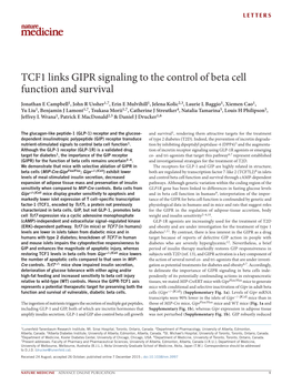 TCF1 Links GIPR Signaling to the Control of Beta Cell Function and Survival