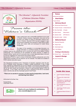 The Librarian": a Quarterly Newsletter Volume 1, Issue 1 January 2014