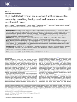 High Endothelial Venules Are Associated with Microsatellite Instability, Hereditary Background and Immune Evasion in Colorectal Cancer