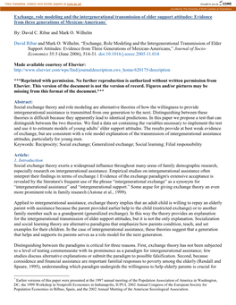 Exchange, Role Modeling and the Intergenerational Transmission of Elder Support Attitudes: Evidence from Three Generations of Mexican-Americans*