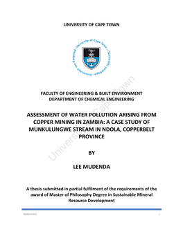 Assessment of Water Pollution Arising from Copper Mining in Zambia: a Case Study of Munkulungwe Stream in Ndola, Copperbelt Province