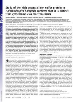 Study of the High-Potential Iron Sulfur Protein in Halorhodospira Halophila Confirms That It Is Distinct from Cytochrome C As Electron Carrier