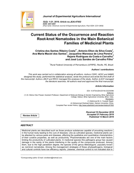 Current Status of the Occurrence and Reaction Root-Knot Nematodes in the Main Botanical Families of Medicinal Plants