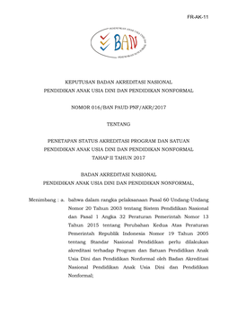 016 SK Penetapan Status Akreditasi Program Dan Satuan PAUD Dan