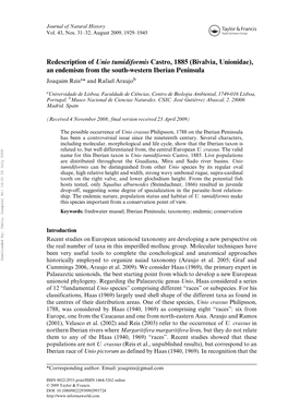 Redescription of Unio Tumidiformis Castro, 1885 (Bivalvia, Unionidae), an Endemism from the South-Western Iberian Peninsula