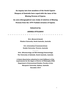 An Inquiry Into How Members of the Greek Cypriot Diaspora of Australia Have Coped with the Issue of the Missing Persons of Cyprus