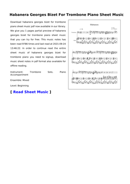 Habanera Georges Bizet for Trombone Piano Sheet Music