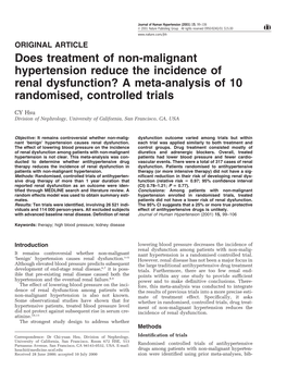 Does Treatment of Non-Malignant Hypertension Reduce the Incidence of Renal Dysfunction? a Meta-Analysis of 10 Randomised, Controlled Trials