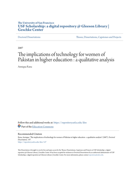 The Implications of Technology for Women of Pakistan in Higher Education : a Qualitative Analysis Anniqua Rana