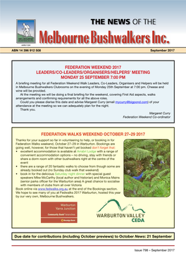 Melbourne Bushwalkers Inc. ABN 14 396 912 508 September 2017