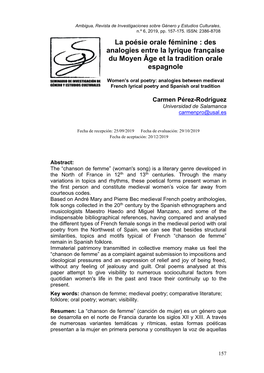 La Poésie Orale Féminine : Des Analogies Entre La Lyrique Française Du Moyen Âge Et La Tradition Orale Espagnole