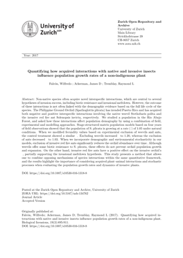 Quantifying How Acquired Interactions with Native and Invasive Insects Influence Population Growth Rates of a Non-Indigenous Plant