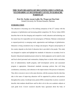 The Main Reasons of Declining Educational Standards at Secondary Level in Karachi, Pakistan